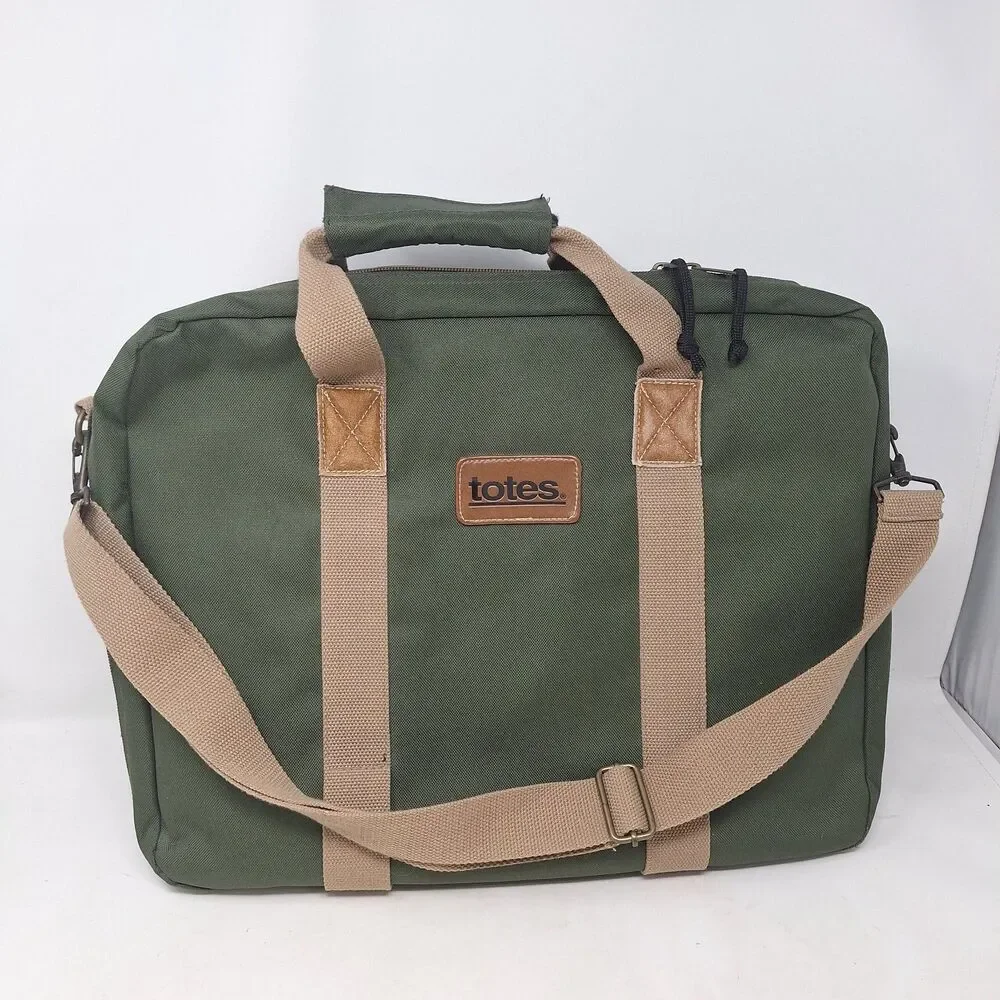 Totes Green Tan Canvas Laptop Swing Bag Travel Work Business Crossbody Strap